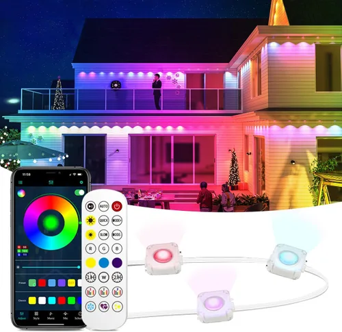 Luz permanente para exteriores, 150 pies con 100 luces LED de alero, luces RGB inteligentes para exteriores con 75 modos de escena, IP67 resistente