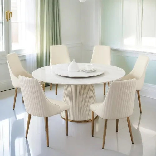 Miniatura 15 de Montary Juego de 2 sillas de comedor, modernas sillas de piel sintética color blanco crema con patas de metal dorado y respaldo ergonómico para sala