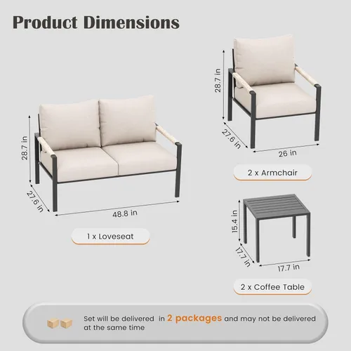 Miniatura 7 de Juego de muebles de ratán de 5 piezas, juego de conversación para todo tipo de clima con cojines grises cálidos y mesas auxiliares para jardín, Gris