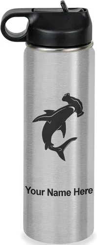 Miniatura 47 de LaserGram Botella de agua personalizada, tiburón martillo, acero inoxidable de doble pared aislada al vacío con popote superior, regalo grabado