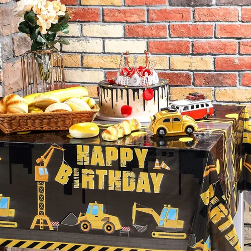 Miniatura 5 de Tatuo Mantel de construcción de feliz cumpleaños, diseño de camión volquete, mantel estampado de tractor, suministros de decoración de fiesta Negro