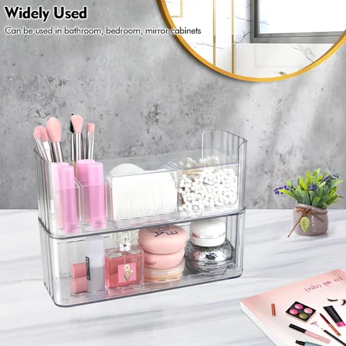 Miniatura 7 de Poeland Paquete de 2 bandejas organizadoras de maquillaje apilables, vitrina transparente para cosméticos con 2 estuches para lápices labiales y 2