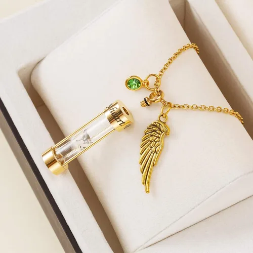 Miniatura 21 de PREKIAR Collar de urna de cremación para cenizas en forma de reloj de arena con dije de recuerdo 12 piedras de nacimiento y un ala de ángel