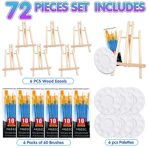 Miniatura 2 de Set profesional de pintura AROIC de 72 piezas con caballetes, 6 caballetes de madera, 6 paquetes de 60 pinceles con cabeza de nylon y 6 paletas, kit