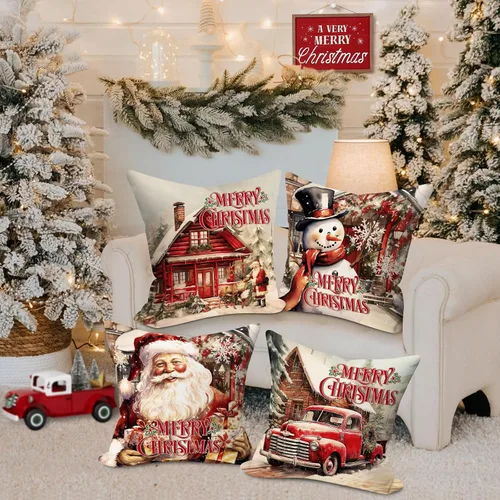 Miniatura 4 de Lanpn Juego de 4 fundas de almohada de Navidad de 16 x 16 pulgadas, cojín de decoración de Navidad, almohadas rojas de Navidad, funda de almohada