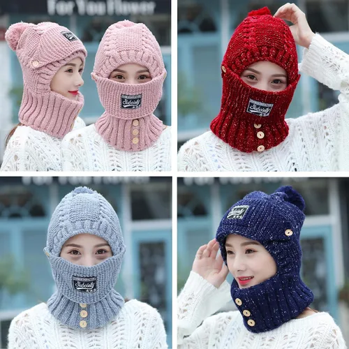 Miniatura 4 de Máscara 2 en 1 para mujer, bufanda de punto, gorro elástico cálido de invierno con protectores de oídos, resistente al viento, gorra integrada