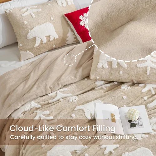 Miniatura 4 de Amélie Home Juego de edredón de Navidad tamaño Queen, juego de ropa de cama de Navidad esponjoso con oso polar, edredón de felpa de forro polar