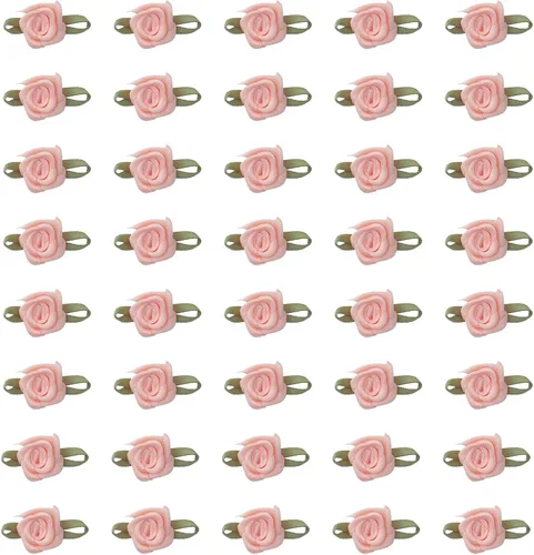 Miniatura 15 de 50 piezas de rosas de satén con hojas verdes, lazos de cinta mini lindos, suministros de flores artificiales de tela, adorno de aplique
