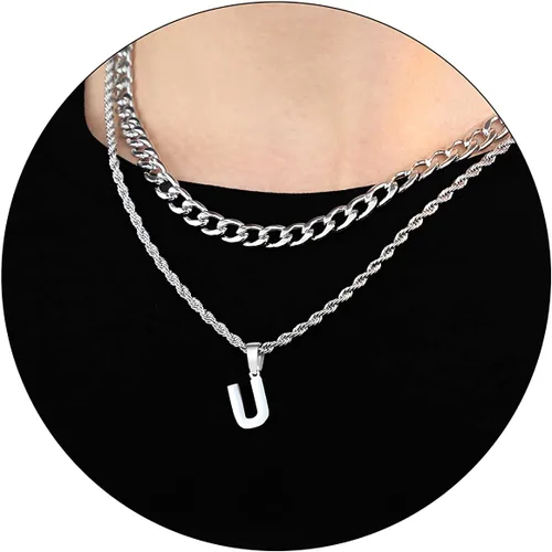 Miniatura 76 de SENRAN Collar con inicial en capas de la A a la Z para hombre, cadena de cuerda torcida de acero inoxidable de 18 a 20 pulgadas, dije de letra