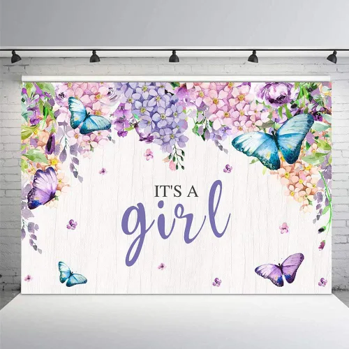 Miniatura 3 de MEHOFOTO - Cartel de fondo de cabina de estudio fotográfico con texto en inglés "It's A Girl" con diseño de mariposa para baby shower, baby shower