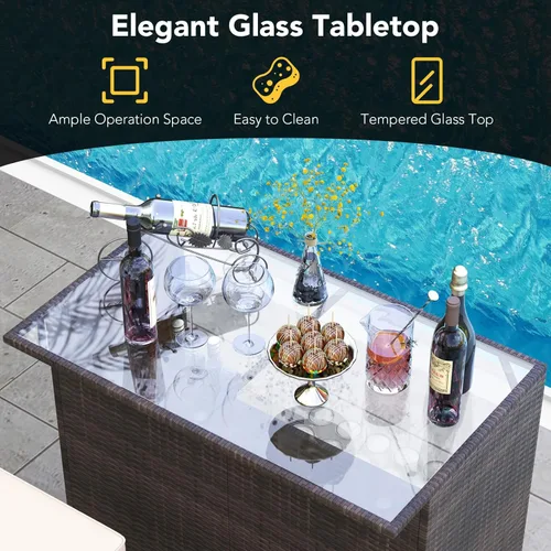 Miniatura 8 de Tangkula Juego de bar para patio, juego de 3 piezas de mimbre de ratán para exteriores con 2 cojines taburetes y mesa superior de cristal, juego