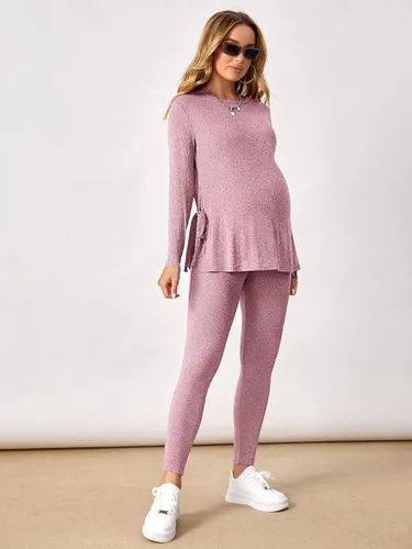 Miniatura 5 de OYOANGLE Conjunto de camiseta de maternidad con cuello redondo y nudo lateral para mujer