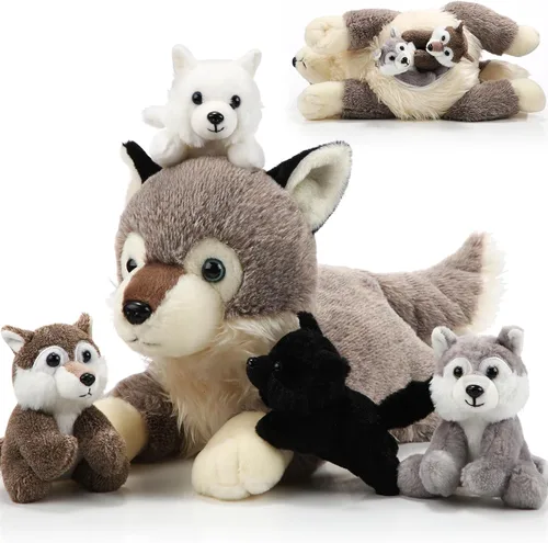 Shappy Juego de 5 juguetes de peluche de lobo de 16 pulgadas con 4 lobos bebés interactivos para niños, niñas, graduación, regreso a clases,