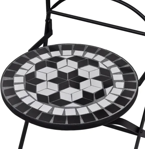 Miniatura 6 de vidaXL Juego de 2 sillas plegables de mosaico bistró, asientos de cerámica en blanco y negro, marco de hierro con recubrimiento de polvo, asientos