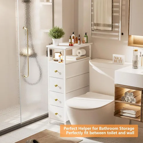 Miniatura 2 de Cómoda estrecha para dormitorio, torre de almacenamiento delgada, cómoda de 4 cajones de tela con estante de madera, organizadores de baño