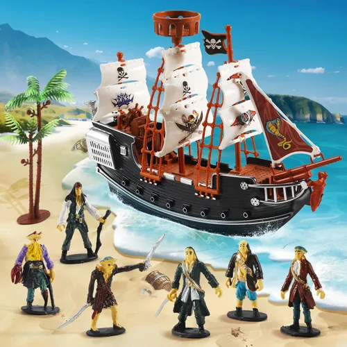 Figuras de acción pirata, juego de barco pirata, juguetes de simulación de barco pirata con 6 figuras de acción y árbol, juguete de juego para