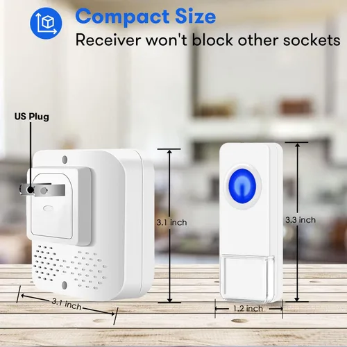 Miniatura 7 de Timbre inalámbrico Coolqiya con 2 botones remotos y 3 receptores de enchufe, no necesita pilas para receptor de más de 50 campanadas, blanco