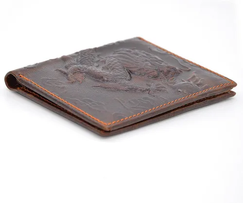 Miniatura 5 de Cartera de cuero genuino marrón para hombre con tarjetero de crédito patrón de dragón M, Estilo vertical, Funda tipo cartera para tarjetas
