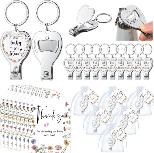 Wesiti 25 juegos de llaveros para baby shower para invitados Baby in Bloom con cortaúñas y abridor de botellas, tarjeta de agradecimiento y bolsa de