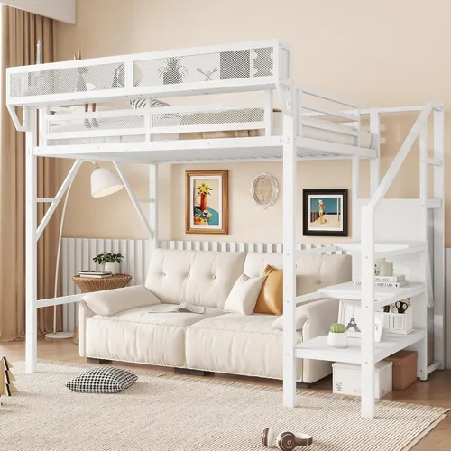 Miniatura 15 de KEIKI Estructura de Cama Loft de Metal Tamaño Twin con Escalera Convertible, Estantes de Almacenamiento Integrados y Armario, Cama Loft con Listones