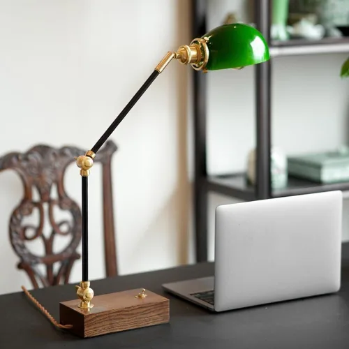 Miniatura 3 de Vintage Industrial Green Glass Table Lamp Modern Antique Brass and Wood Body Desk Light with Button Switch Table Lights for Bedroom(Walnut,Long)