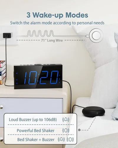 Miniatura 2 de Reloj despertador súper fuerte con agitador de cama, reloj despertador vibratorio para personas que duermen con problemas auditivos y adolescentes