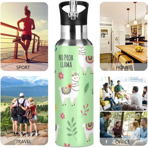 Miniatura 5 de Insulated Stainless Steel Water Bottle with Straw 20 Oz, BPA-Free Sports Water Bottle with Straw for Gym Outdoor Travel School, Cute Llamas Flowers