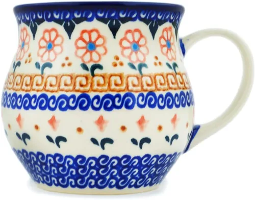 Auténtica taza de burbujas de cerámica polaca de 13 onzas en diseño amarillo hecho a mano en Bolesławiec Polonia por Ceramika Bona + certificado de