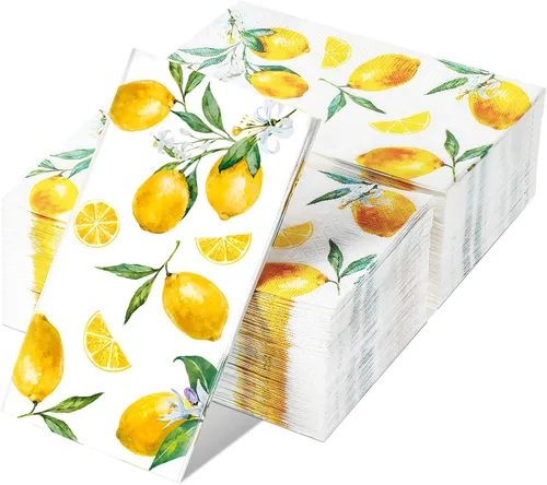 120 servilletas de limón – 3 capas desechables de frutas cítricas amarillas toallas de invitados para cocina, baño, fiesta de té, baby shower