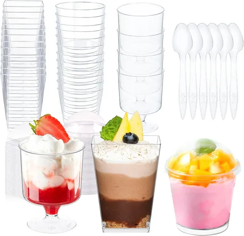 Miniatura 10 de Paquete de 360 tazas de postre de 5 onzas y 6 onzas con tapas y cucharas, 3 estilos de vasos de plástico transparente para aperitivos, desechables