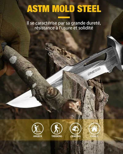 Miniatura 4 de Omesio Cuchillo de hoja fija con vaina, 11.22'' de espiga completa, cuchillos de supervivencia y caza para hombres, hoja grande de 5.7'' de acero