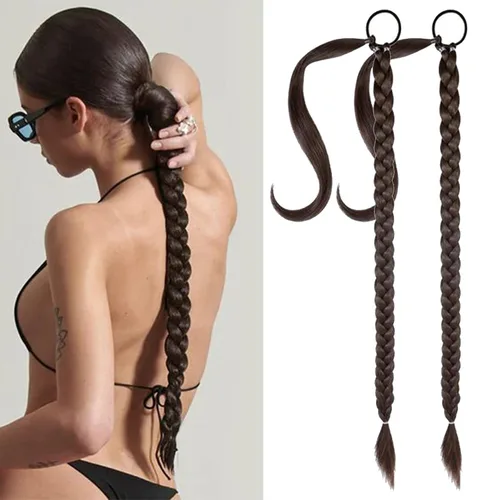 Miniatura 16 de Extensión de cola de caballo de trenza larga con lazo elástico, 1 unidad, extensiones de cabello sintético lacio y elegante envolvente para mujer