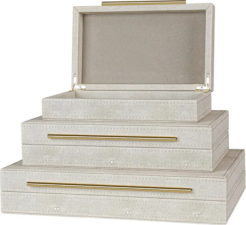 Miniatura 5 de Juego elegante de 3 cajas decorativas de marfil con forro de terciopelo y asas doradas de Shagreen - Organizador versátil para joyas y decoración