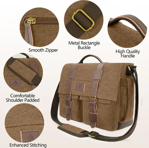 Miniatura 6 de Bolsa tipo mensajero para hombre, bolsa para laptop de 15.6 pulgadas, bolsa vintage de lona encerada, resistente al agua, maletín de cuero
