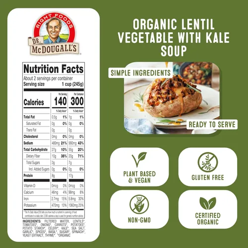 Miniatura 2 de Dr. McDougall's Right Foods Vegetales de lentejas orgánicas con sopa vegana de col rizada, 18 onzas (paquete de 6) sin gluten, USDA orgánico, sin