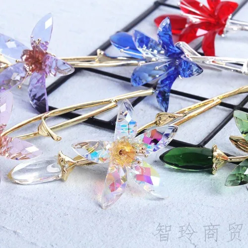 Miniatura 5 de Flores de lirio de tigre de cristal con jarrón de cristal, tallo de metal, lirio rosa, regalos coleccionables para mujeres, figuras florales