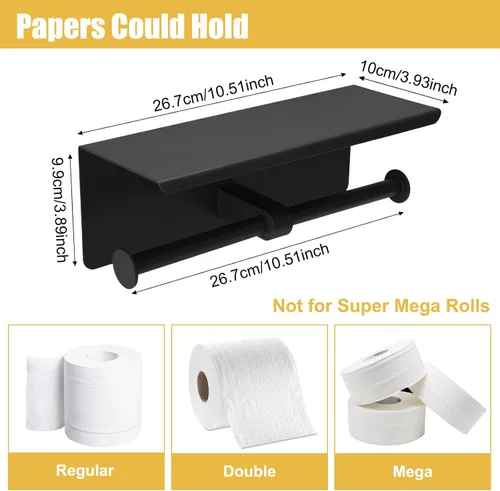 Miniatura 3 de Soporte doble de papel higiénico, soporte de papel de seda de acero inoxidable con estante, dispensador de papel higiénico antioxidante, montado