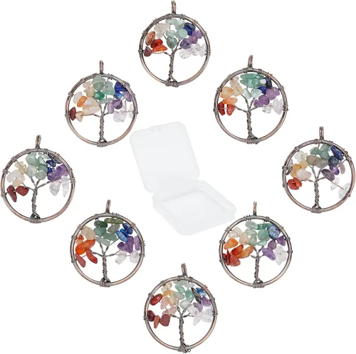 SUNNYCLUE 8 dijes de árbol de la vida, piedras preciosas de cristal de cuarzo, planas, redondas, con agujero para joyería y pulsera, chakras, collar