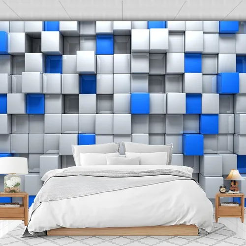 Miniatura 2 de FLFK Papel tapiz autoadhesivo 3D de bloques azules y blancos, murales de pared para despegar y pegar, póster grande para sala de estar, dormitorio