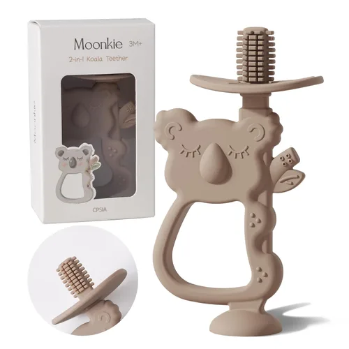 Moonkie Juguete de dentición, mordedores de silicona seguros y fáciles de sostener, sin BPA, cepillo de dientes de bebé de 360° con base de succión,