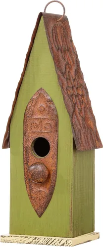 Glitzhome Casa de pájaros colgante de 13.25 pulgadas de alto, color verde retro, de madera maciza envejecida, para exteriores