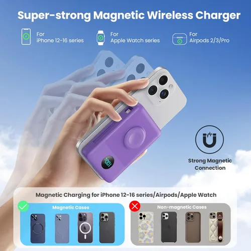 Miniatura 29 de Cargador portátil magnético de 10800 mAh para iPhone con cables integrados, cargador de batería inalámbrico 6 en 1 con cargador iWatch, pantalla LCD