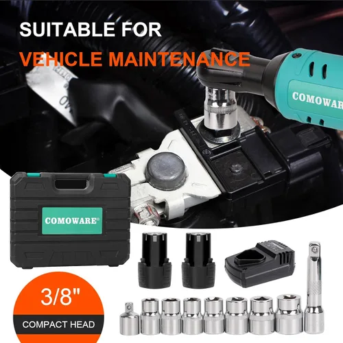 Miniatura 2 de COMOWARE Kit de llave de trinquete eléctrica inalámbrica 3/8, par de 40 ft-lbs, potencia de 12 V, 8 dados, luz LED, cargador rápido, diseño