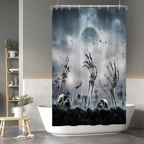 Miniatura 41 de Cortina de ducha de fantasma y gato negro para niños, 36 x 72 pulgadas, espeluznante y bonita, cortina de baño de Halloween con 6 ganchos, cortina