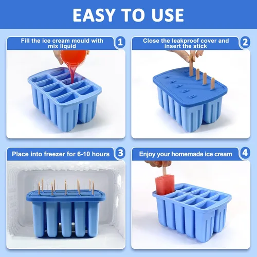 Miniatura 5 de 10 Cavity Silicone Popsicle Molds with 50 Sticks, BPA Free (10 Cavties-Blue)