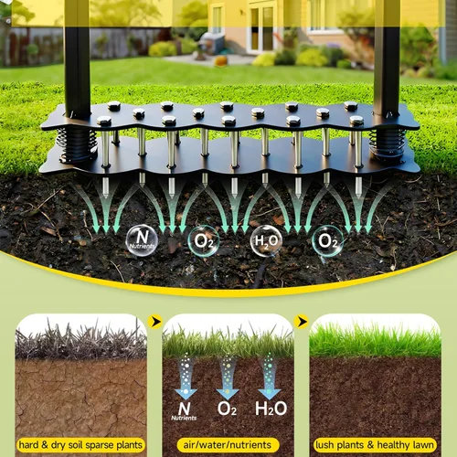 Miniatura 5 de Herramienta aireadora de césped mejorada con 14 picos de acero, herramienta de aireador manual de césped con diseño de resorte y limpieza automática