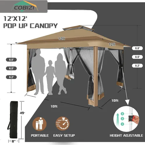 Miniatura 3 de COBIZI 12x12 Tienda instantánea de campaña para exteriores con toldo a la venta - Toldo de metal impermeable para exteriores mejorado - Tienda Café