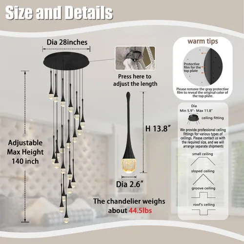 Miniatura 2 de ykolupty Candelabro Moderno de 138'', 20 Luces, Lámpara Colgante Moderna Negra, Candelabro Grande para Escalera, Vestíbulo, Sala de Estar, Negro