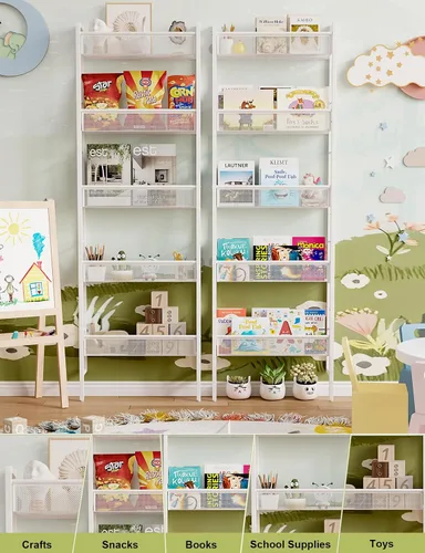 Miniatura 5 de B8 - Estantería para niños montada en la pared, estantería de pared de 5 niveles para niños, organizador de libros infantiles para juguetes y Blanco