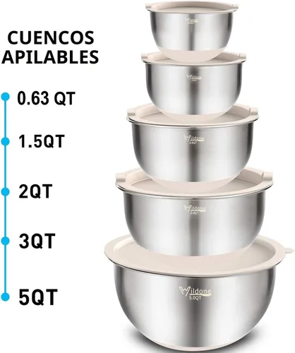 Miniatura 7 de Wildone Juego de 5 cuencos anidables para mezclar con tapas herméticas, 5 piezas de cuencos de acero inoxidable color caqui para cocina